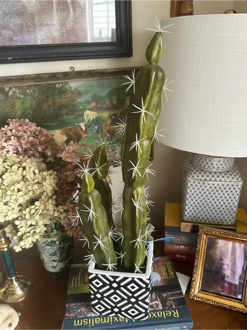 Pier 1 Faux Cactus Plant in Back/White planter.